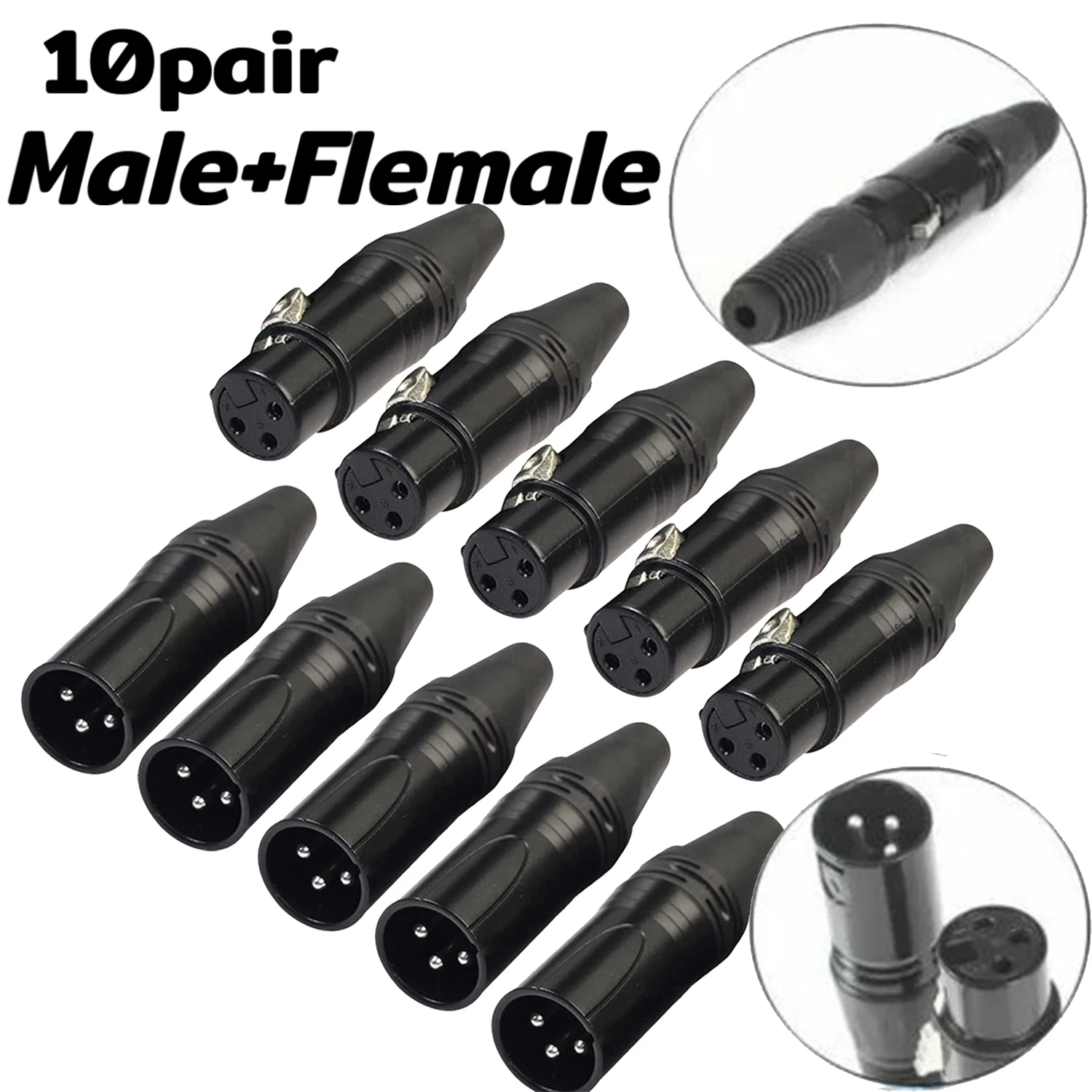 

10Pairs XLR 3 Pin Male&Female Black Three-core Microphone XLR Balanced Canon Head Microphone Cable Connector