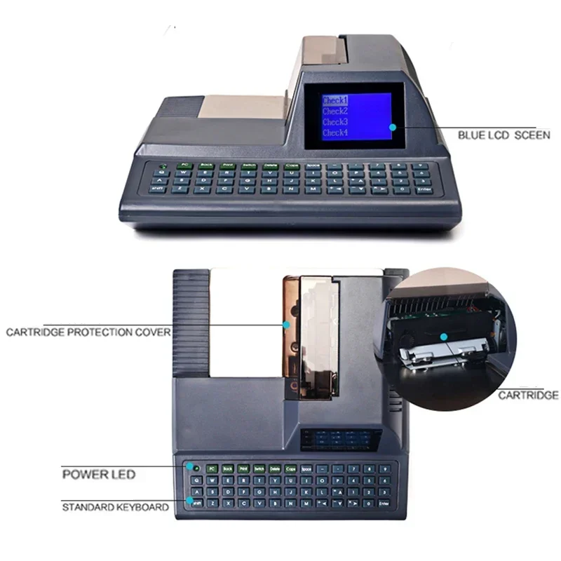 Compact English-language electronic bank counter check printer; DY-2015 automatic keyboard-operated check printer/filler.