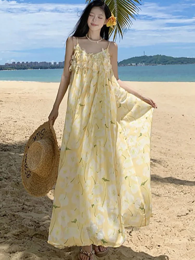 2026 Floral Chiffon Square Collar Sling Beach Sundress Summer Korean Elegant Casual Holiday Dress Women Fashion Chic Party Dress