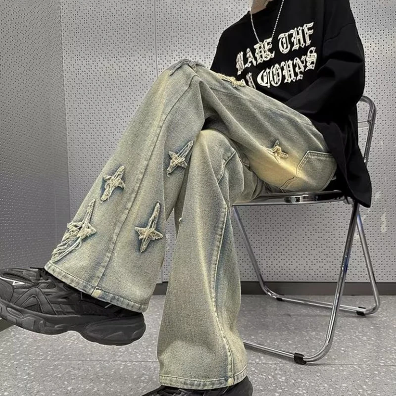 Korean Retro Micro Flared Wide Leg Pants Yellow Mud Jeans Star Design Men'S Straight Leg Pants Leisure Oversized Pants
