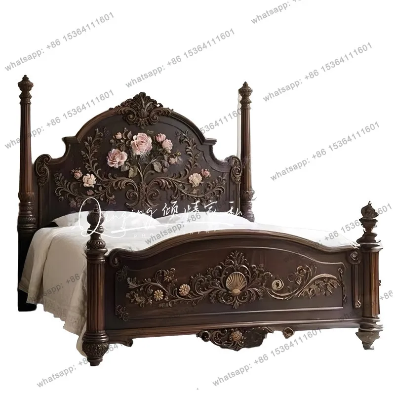 

American French solid wood painting 1.8 meters 2.0 big bed medieval single 1.5 princess bed