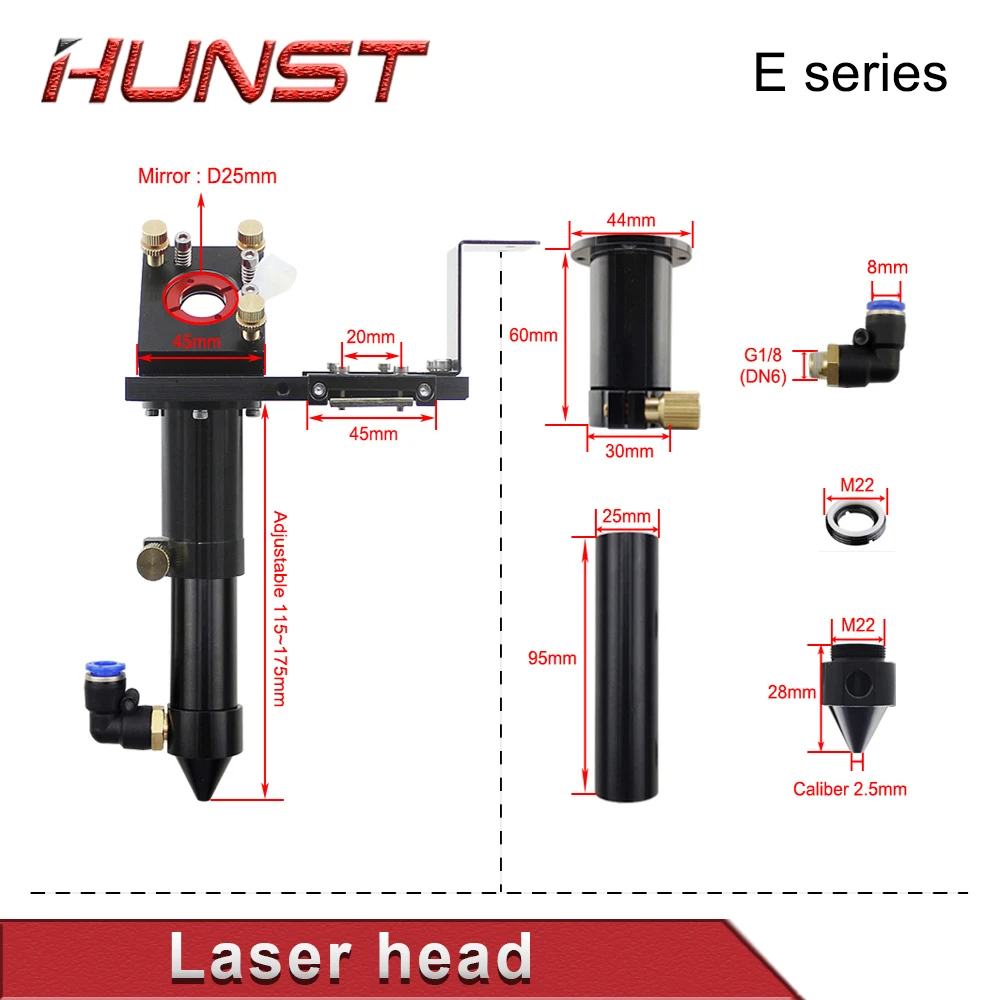 Hunst E Series CO2 Laser Head for Lens D20MM FL50.8 & 63.5 & 101.6 MM Mirror 25MM for Laser Engraving and Cutting Machine