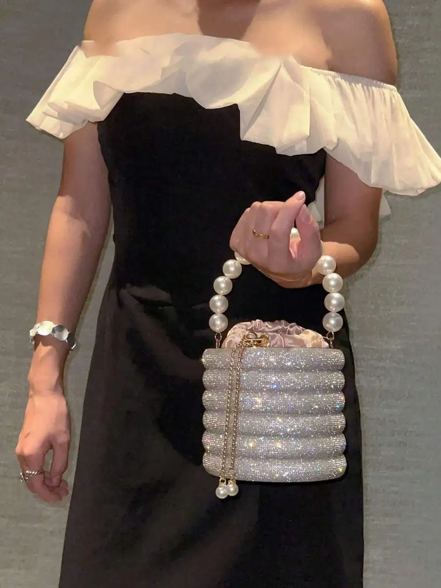 

Sparkling Pearl Handle Bucket Bag For Women Evening Party Clutch