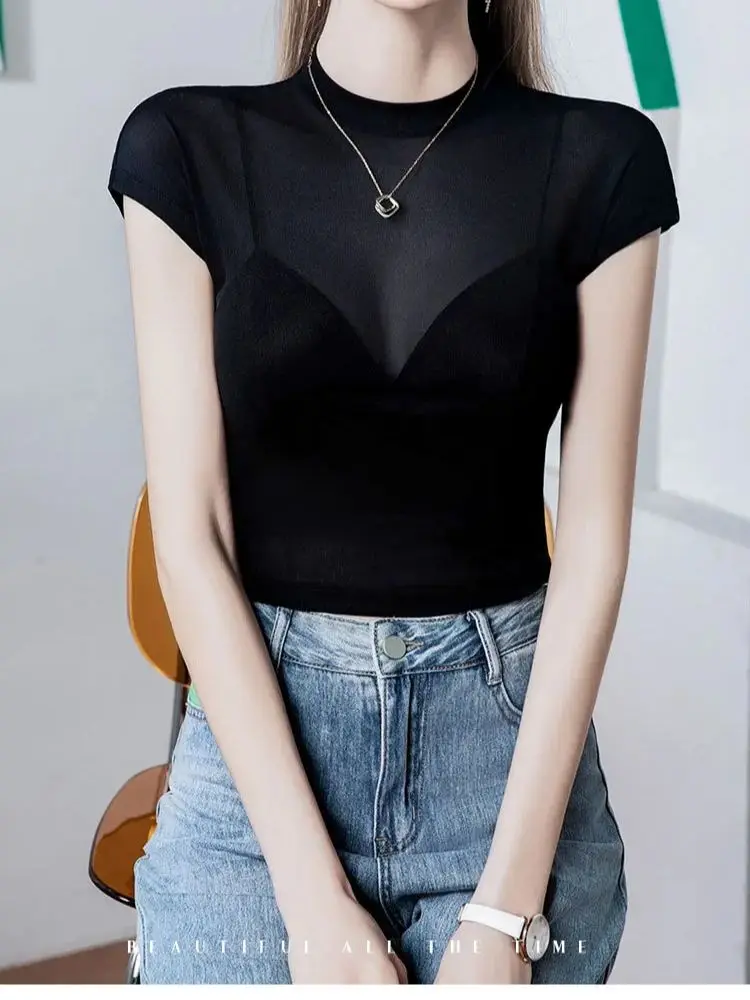 Women Slim Short Sleeve Round Collar Cropped Tee Shirts Lady Stretchy See Through Mesh Crop Tops T-shirts For Girls