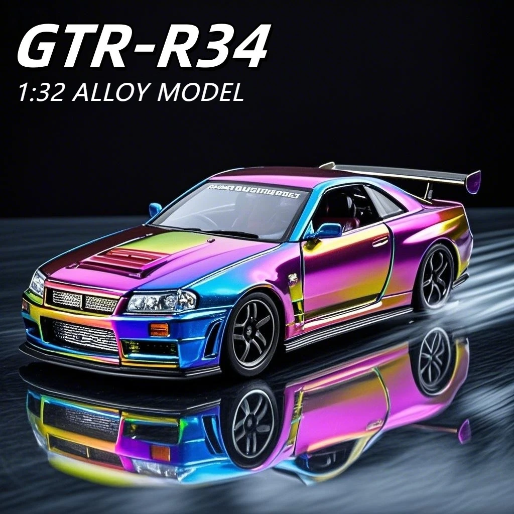 

1:32 Nissan Skyline GTR-R34 Имитационная модель автомобиля из сплава, литой под давлением металлический автомобиль, звуковой свет, Коллекционная детская игрушка, подарки, дисплей