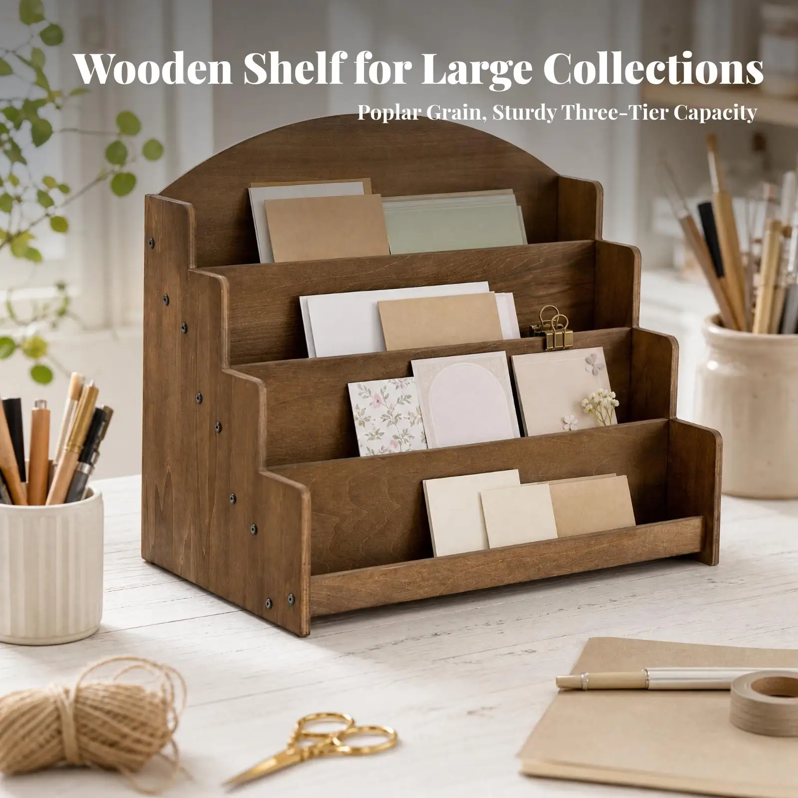 Wooden Display Shelf for Tabletop with Stepped Multi Tier Rack for Cards Photos Jewelry Organizer Stand