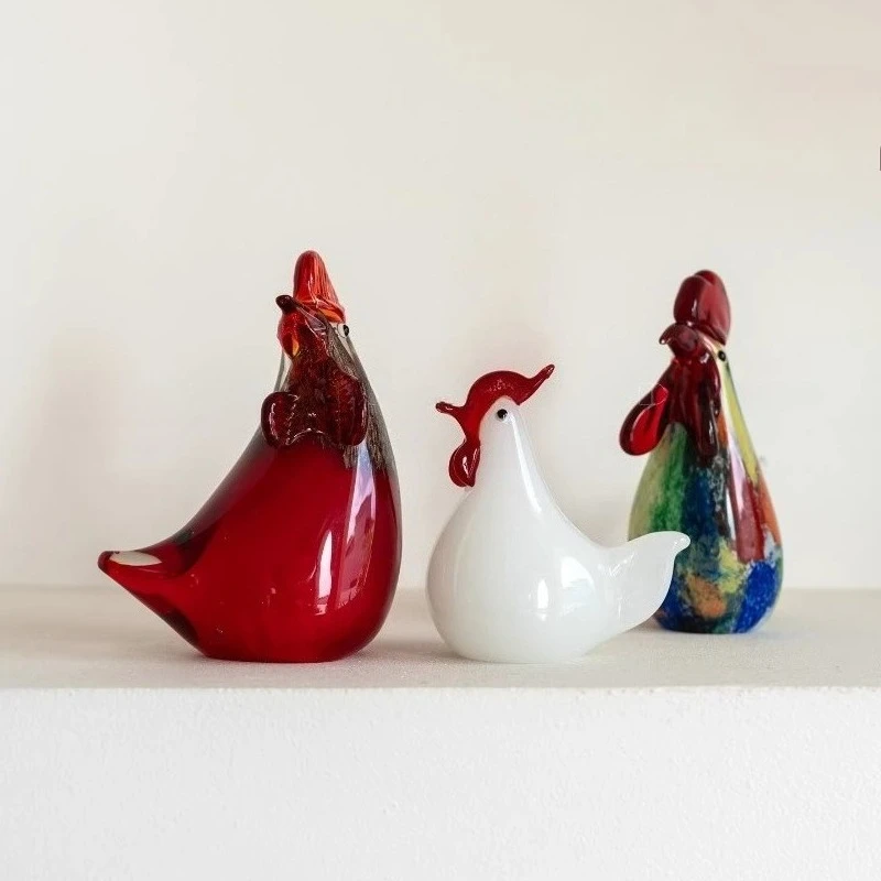 Colored glass chicken ornament,handmade blown artistic glass chicken statue,living room foyer desktop decor,fun handmade gift