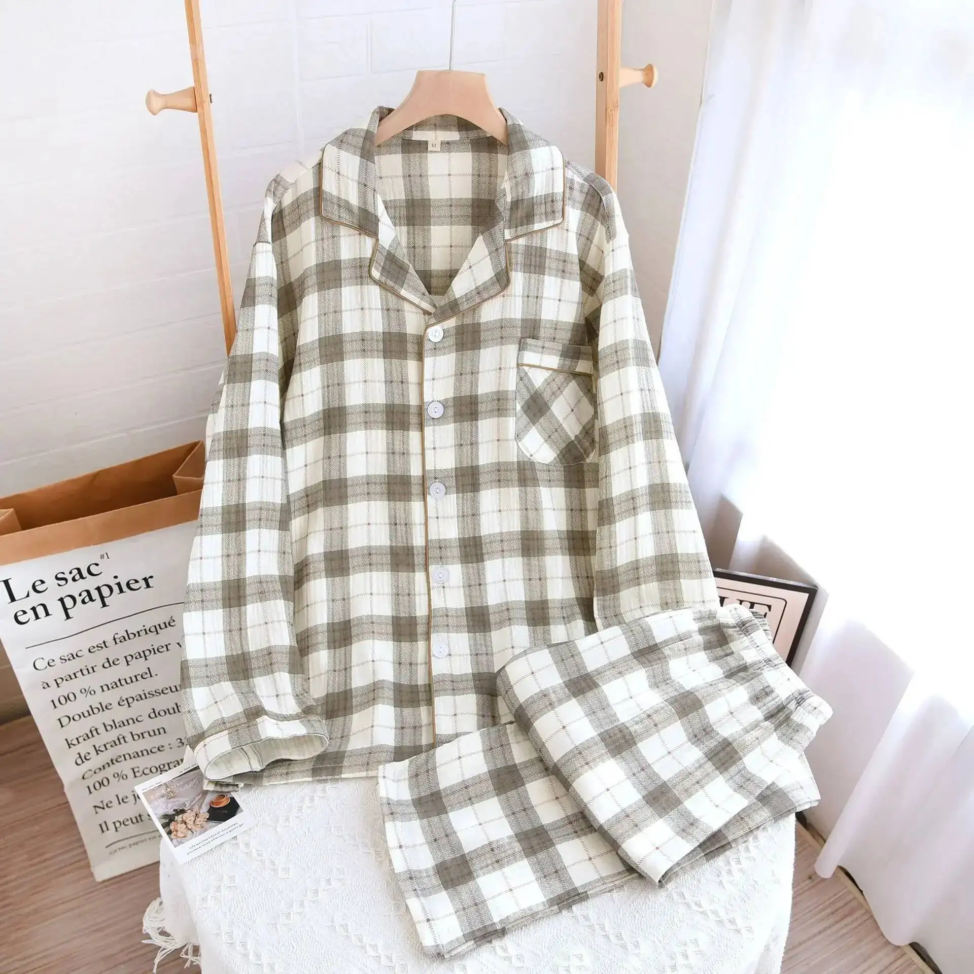 

Мужской клетчатый комплект пижам на весну, лето и осень, двухслойные хлопковые повседневные мужские пижамы, домашняя одежда