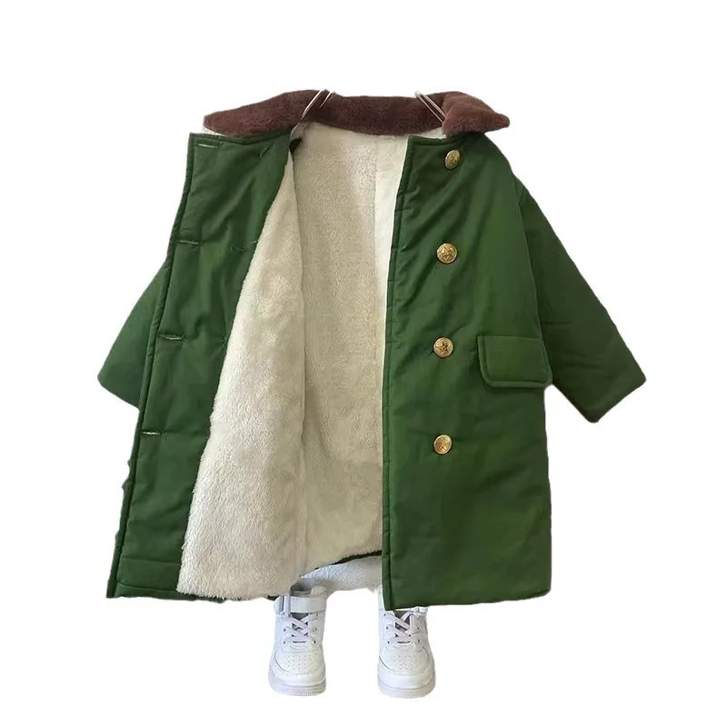 Children's green military coat, medium and long, thick winter style, worn outside, Northeast Army green big cotton coat, childre