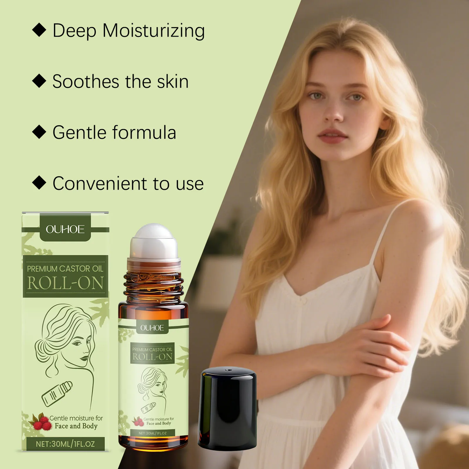 Sérum à bille roulante à l'huile de ricin, 30ml, avec glycérine et huile de ricin hydrogénée, pour une hydratation en profondeur et un soin apaisant pour la peau Non gras