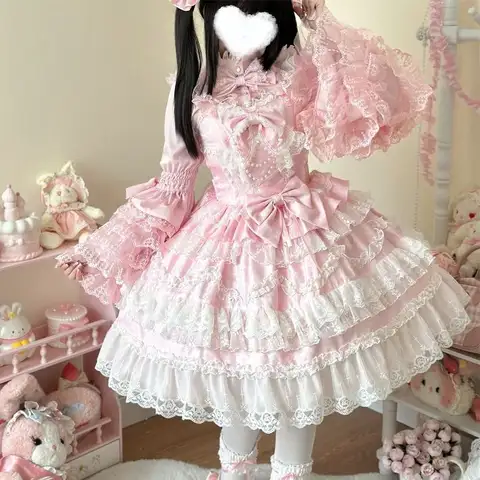 2025 Yeni Victoria Tatlı Lolita Elbise Kadın Kawaii Sevimli Dantel Ruffles Çiçek Düğün Yay Japon Retro Zarif Prenses Elbiseler