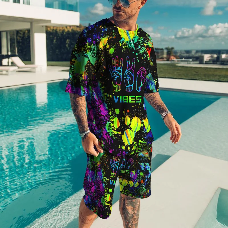 Summer Men Outfits Color 3D Printed Sport Short Sleeve Suits Hip Hop Casual 2 Piece T Shirt+Shorts Fashion Male Tracksuit Set