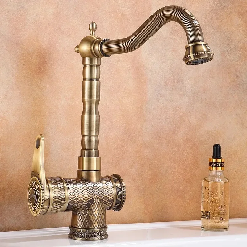 

Basin Faucets Antique Bronze Bathroom Faucet Hot & Cold Brass Bathroom Sink Faucet Deck Mounted Lavotory Faucet Kitchen Tap
