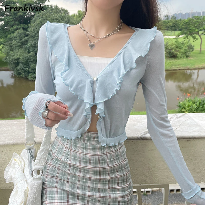 Fungus Women Shirts Elegant Long Sleeve Spring N-neck Button Ruched Sweet Girls Korean Style Lightweight Y2k Harajuku Temper Fit