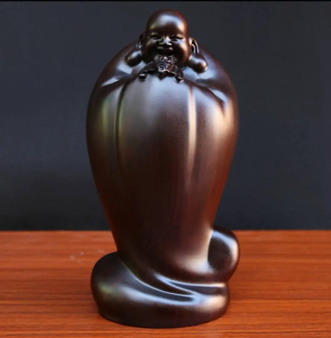 38cm large HOME Spiritual protection Bless family safety good luck Handmade wood carving FU MILE Buddha statue
