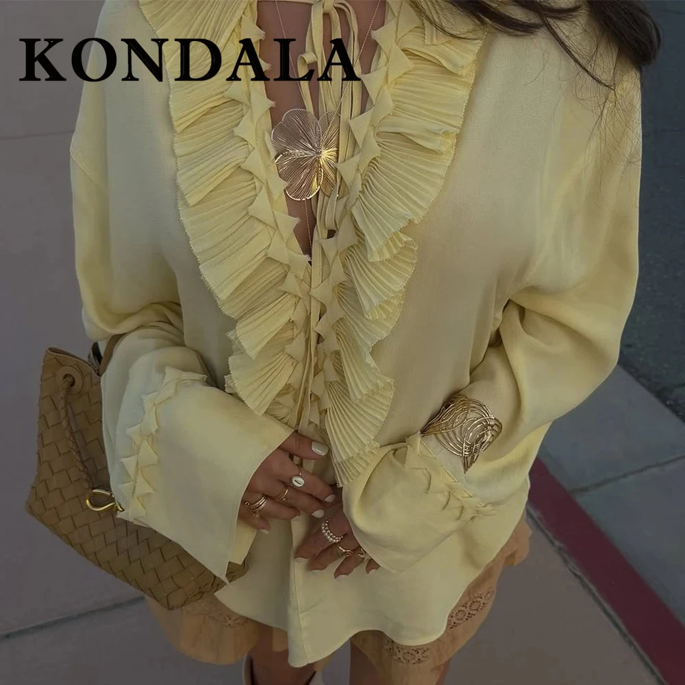 KONDALA jaune plissé ourlet ample col en v décontracté haut en mousseline de soie mode 2025 été élégant à volants détail loisirs Chic femmes Blouse