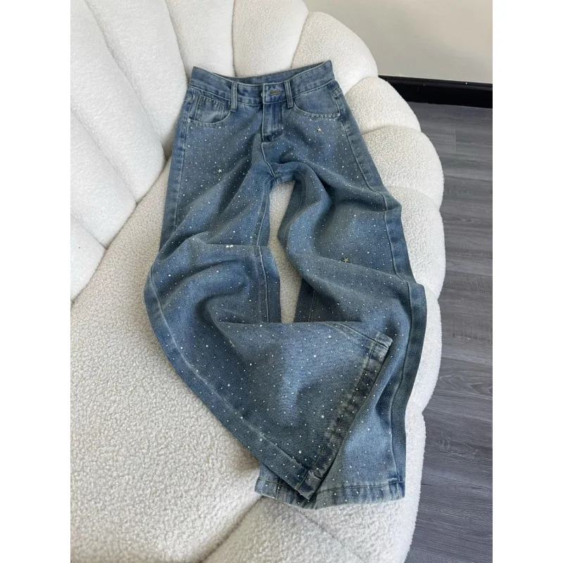 Denim Pant Women Jeans Hot Drilling Vintage Wide Leg Long Pants Work High Waist Straight Trousers Y2k Streetwear Elegant Loose