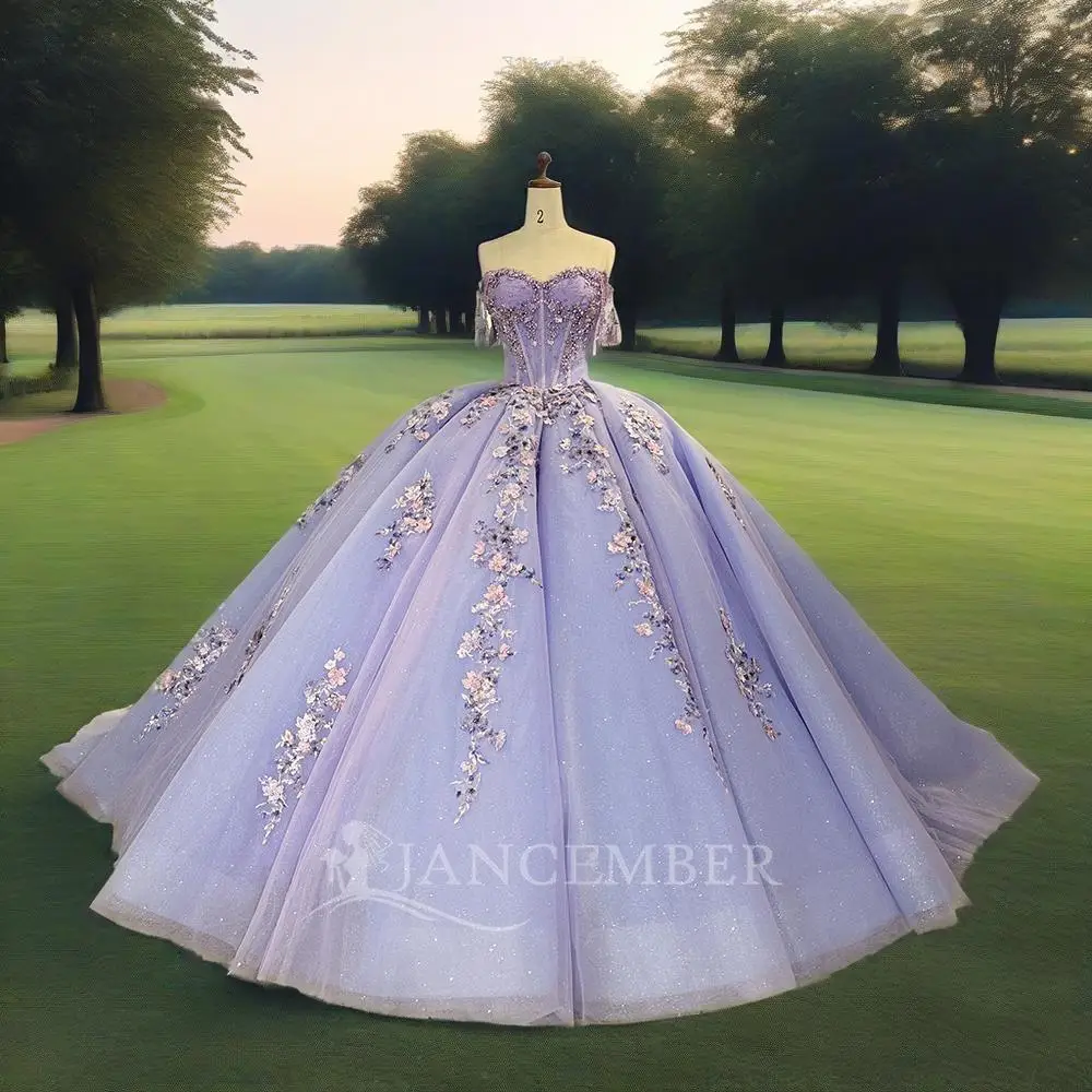 

Glitter Purple Quinceanera Dress Ball Gown Lace Scoop Applique Beading Ruffles Sweet 16 Vestido De 15 Años Customized DY1306