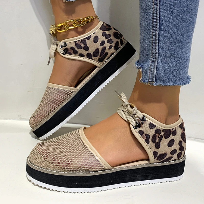 

2022 Summer Leopard Fashion Women Hollow Out Sandals Mesh Flat Heel Sandals Female Casual Sandals Ladies Sandalias Womens Shoes