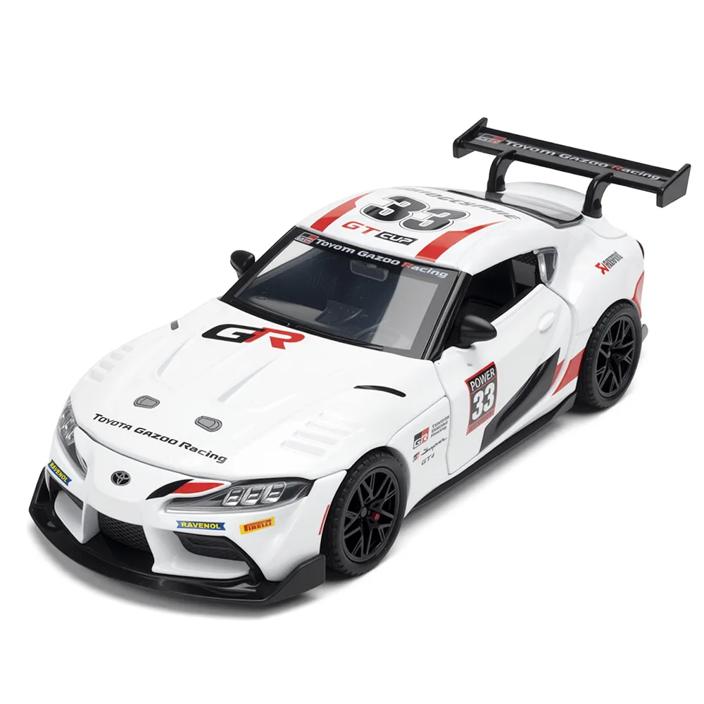 

Модель спортивного автомобиля GR Supra GT4 из сплава, масштаб 1:32, литая металлическая модель гоночного автомобиля со звуком и светом, игрушка для детей, подарок