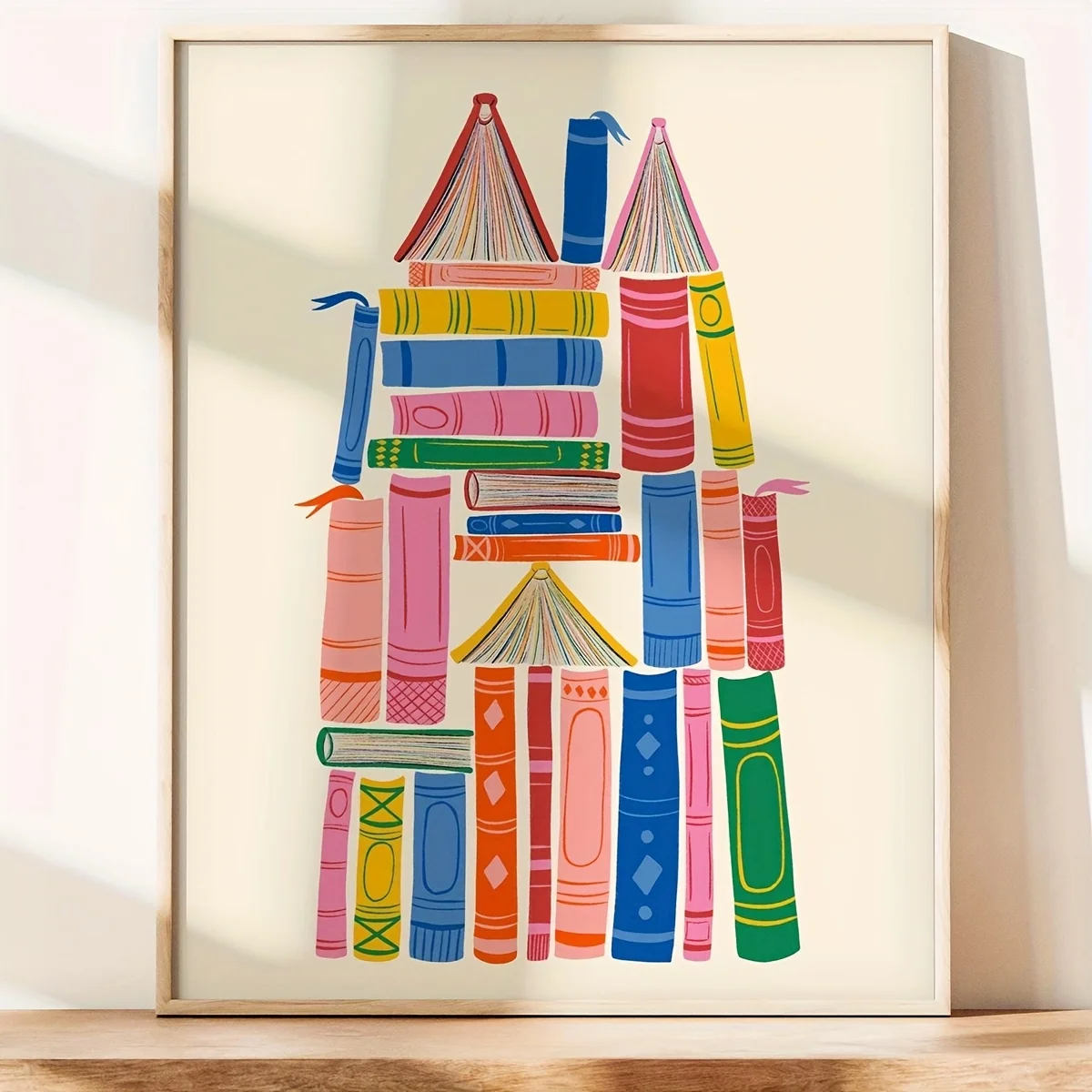 One piece, frameless cartoon Book Castle canvas art prints - a vibrant bookshelf design, a colourful book posters, suitable f