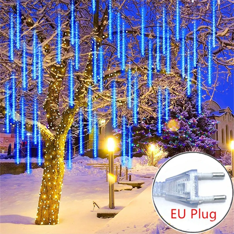 LED Meteor Shower Rain Lights EU Plug Falling Raindrop Fairy String Light for Christmas Holiday Party Patio Decor 30CM/50CM