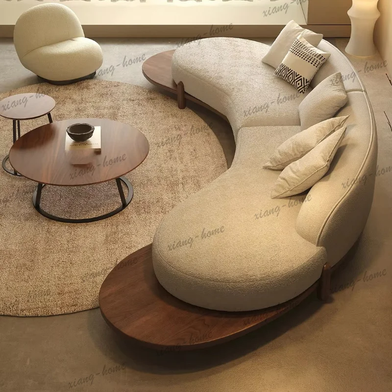 PG Cream Boucle Curved Sofa Semi Circle Couch With Wood Side Shelf Solid Walnut Base Japandi Beige Luxury Living Room Furniture
