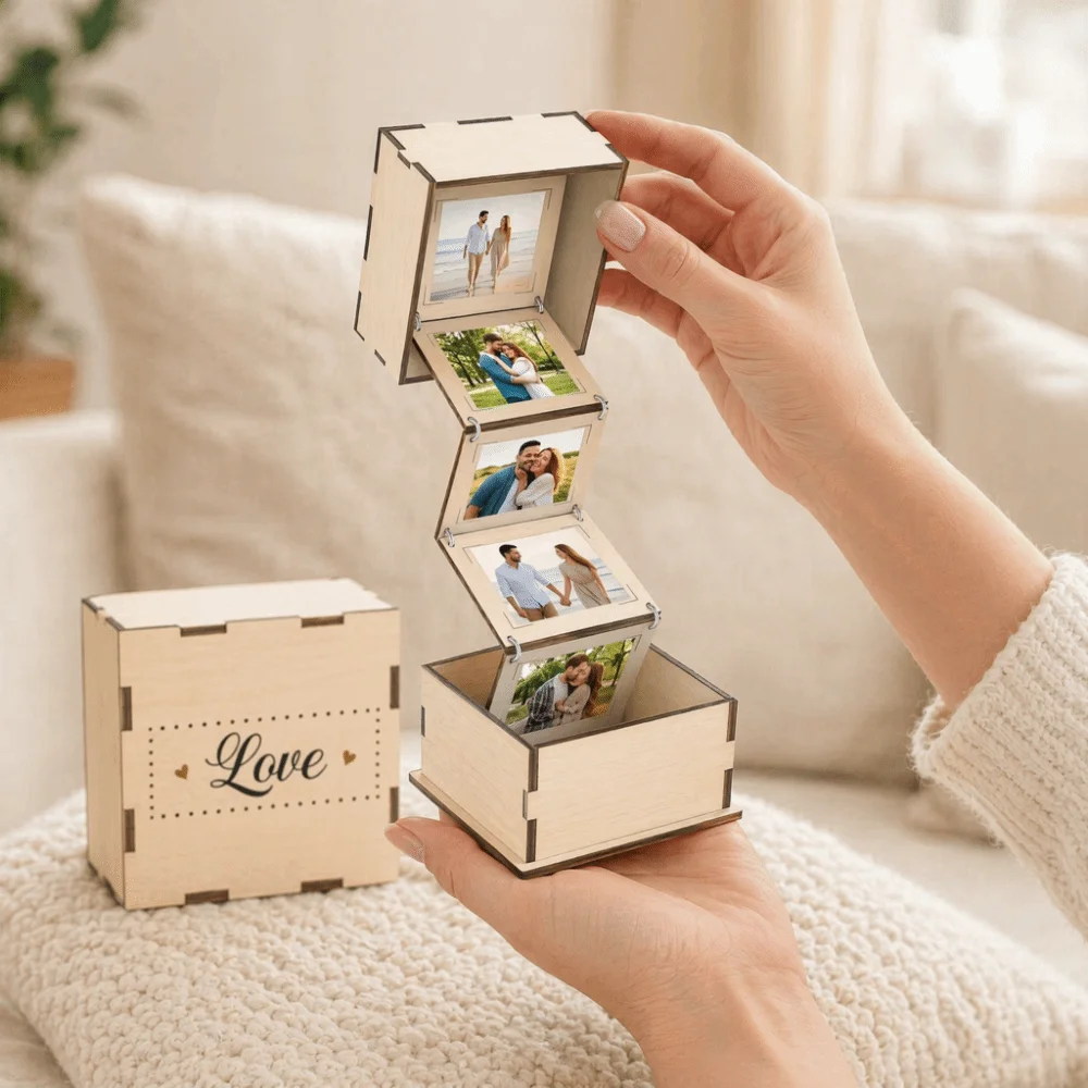 Multi-functional Folding Wooden Photo Storage Box Rustic Handmade Photo Album Box Vintage Pull Out Photo Album Birthday Gift