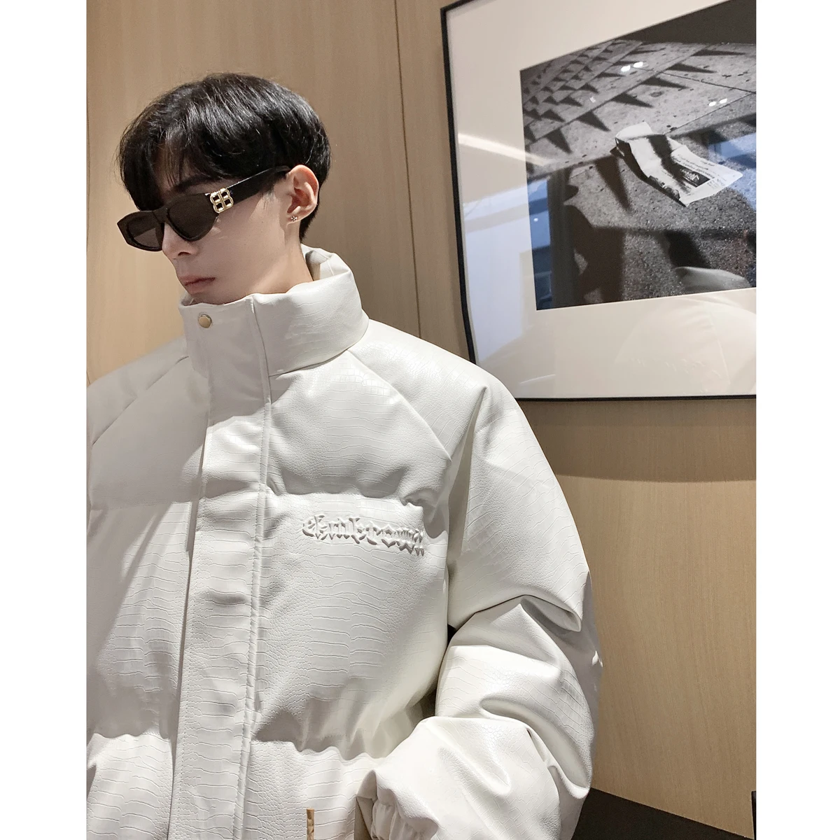 

Teenage Boys Thiened Cotton Jaet 2023 Winter New Sle Stand Collar PU Leather American High Street Cool Outerwear