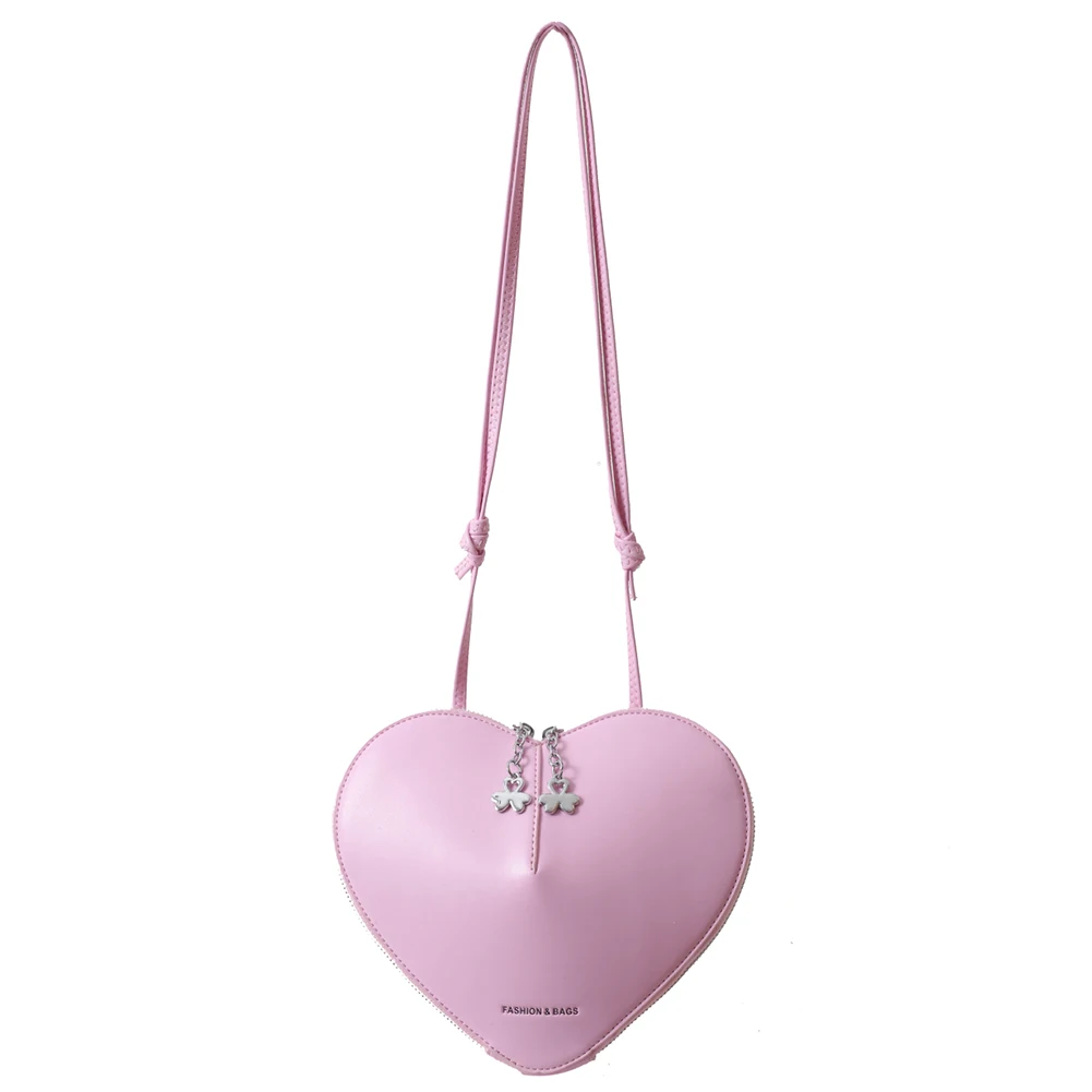 

Women Casual Satchel Bag Solid Color PU Simple Shopping Bag Dual Zippers Heart-Shaped Shoulder Bag for Valentine's Day Gift