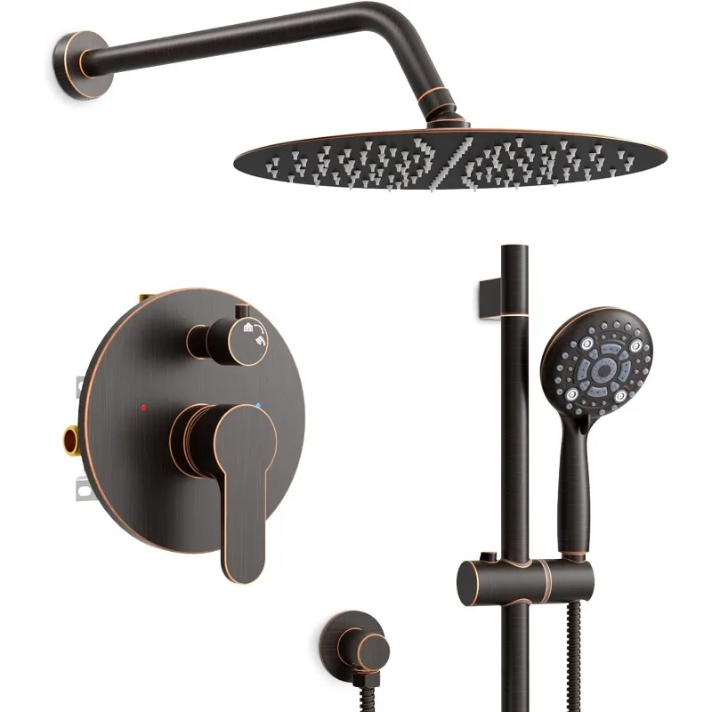 12 Inch Oil Rubbed Bronze Shower System, Wall-Mount Adjustable 16-Inch Slide Bar with 6-Function Hand Shower Faucet