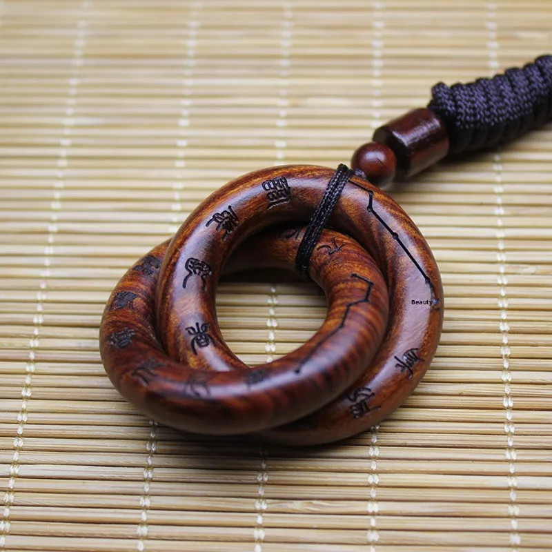 Engraved Thunder Struck Jujube Wood Yin Yang Rings Nine Words Mantra Chinese Lucky Amulet Blessing Good Fortune Pendant Car Hang