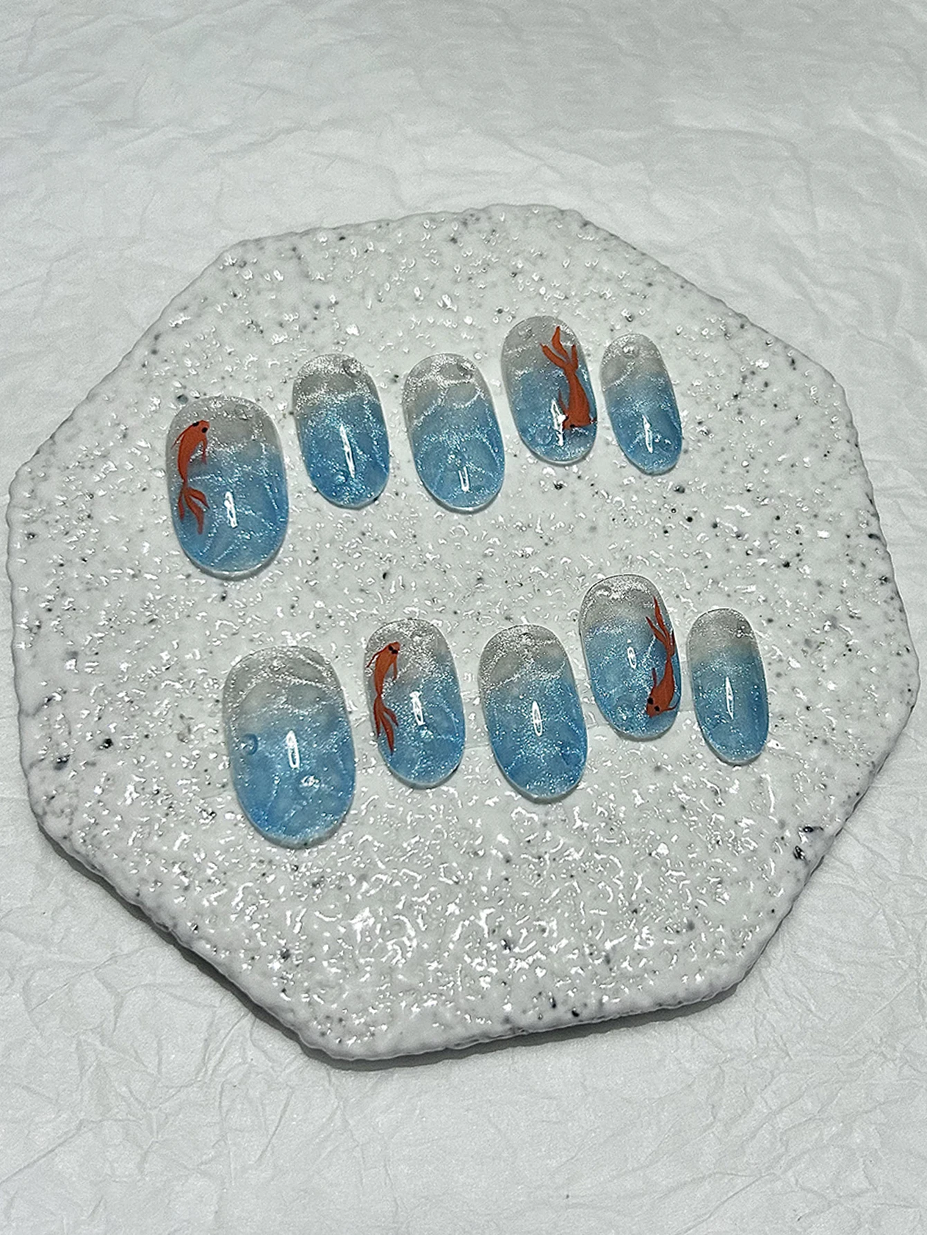 10 pezzi fata glitter occhio di gatto pressa fatta a mano sulle unghie ghiacciaio blu sottomarino koi acqua ondulazione unghie finte rimovibili riutilizzabili
