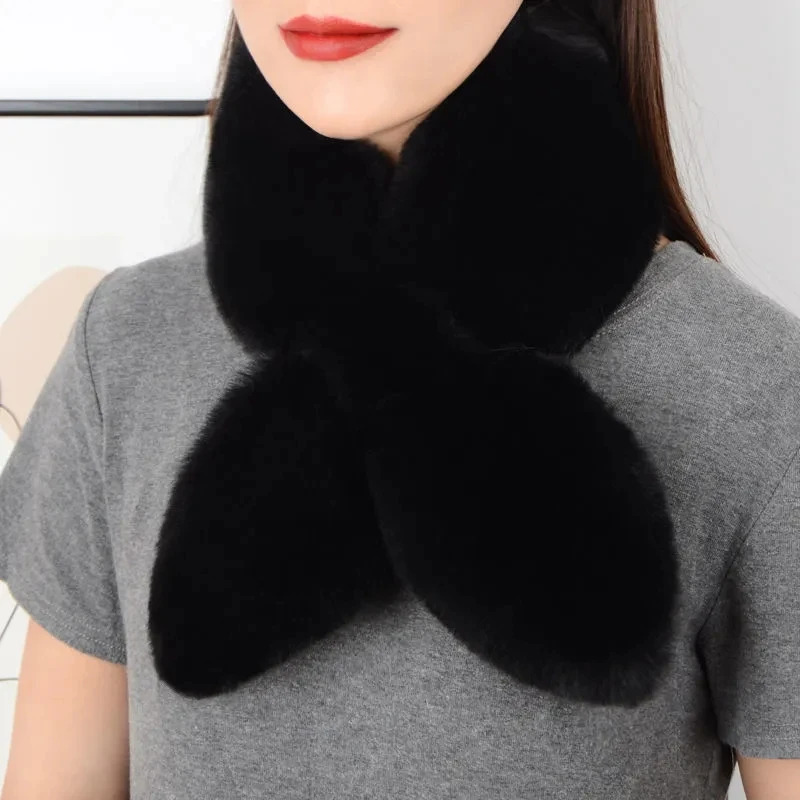 Fashion WomenWinter Thick Faux Rabbit  Fur Plush Scarf Outdoor Sports Neck Protection Cross Fake Collar Pullover Warm Scarve Q72