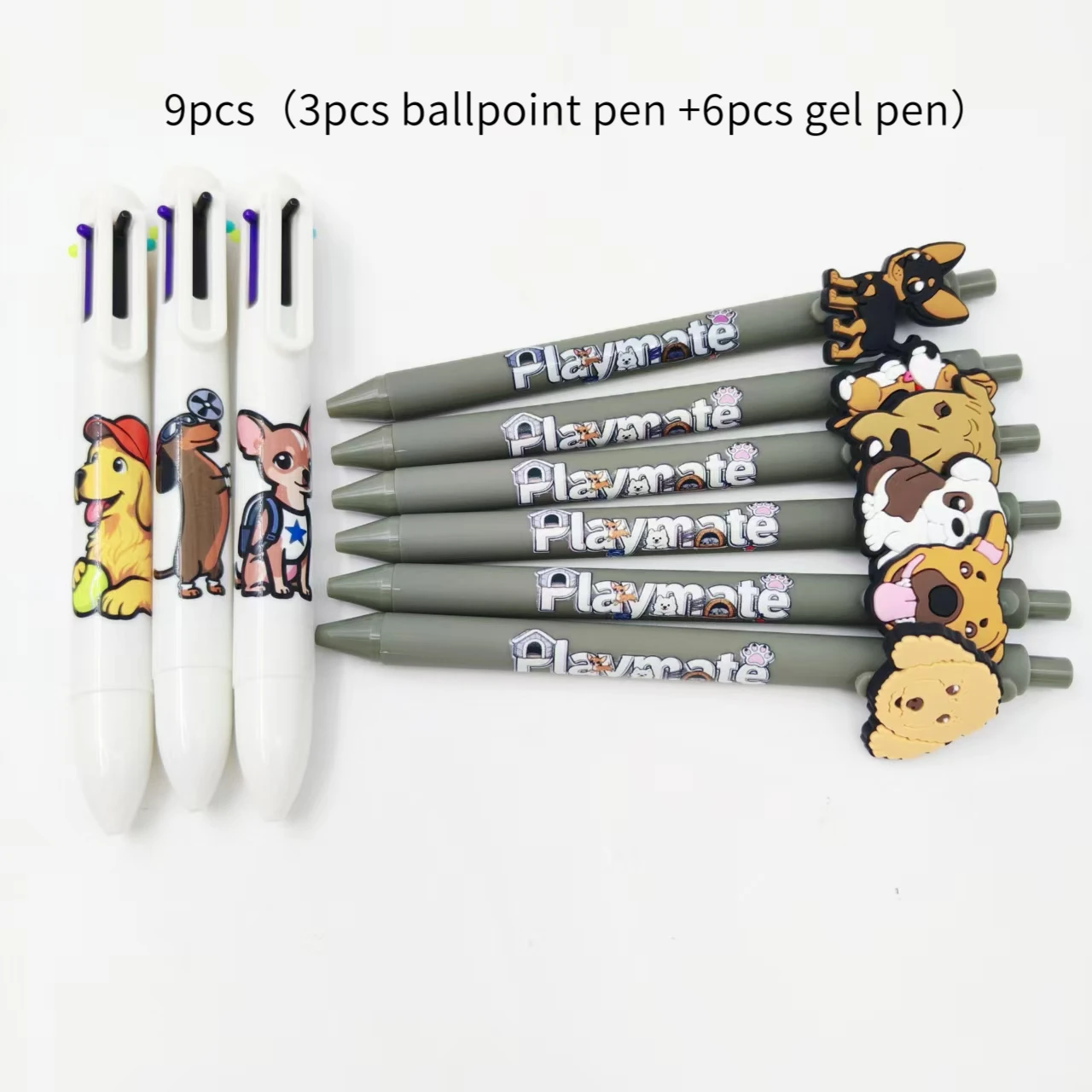9pcs(3pcs ballpoint pen +6pcs gel pen) pet dog theme modeling patch printing gel pen 6-in-1 multicolor ballpoint pen