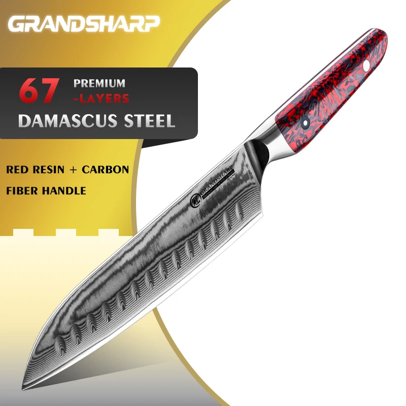 

Нож Grandsharp 7,5 дюймов Santoku, 67 слоев дамасской нержавеющей стали, красная смола + ручка из углеродного волокна с подарочной коробкой