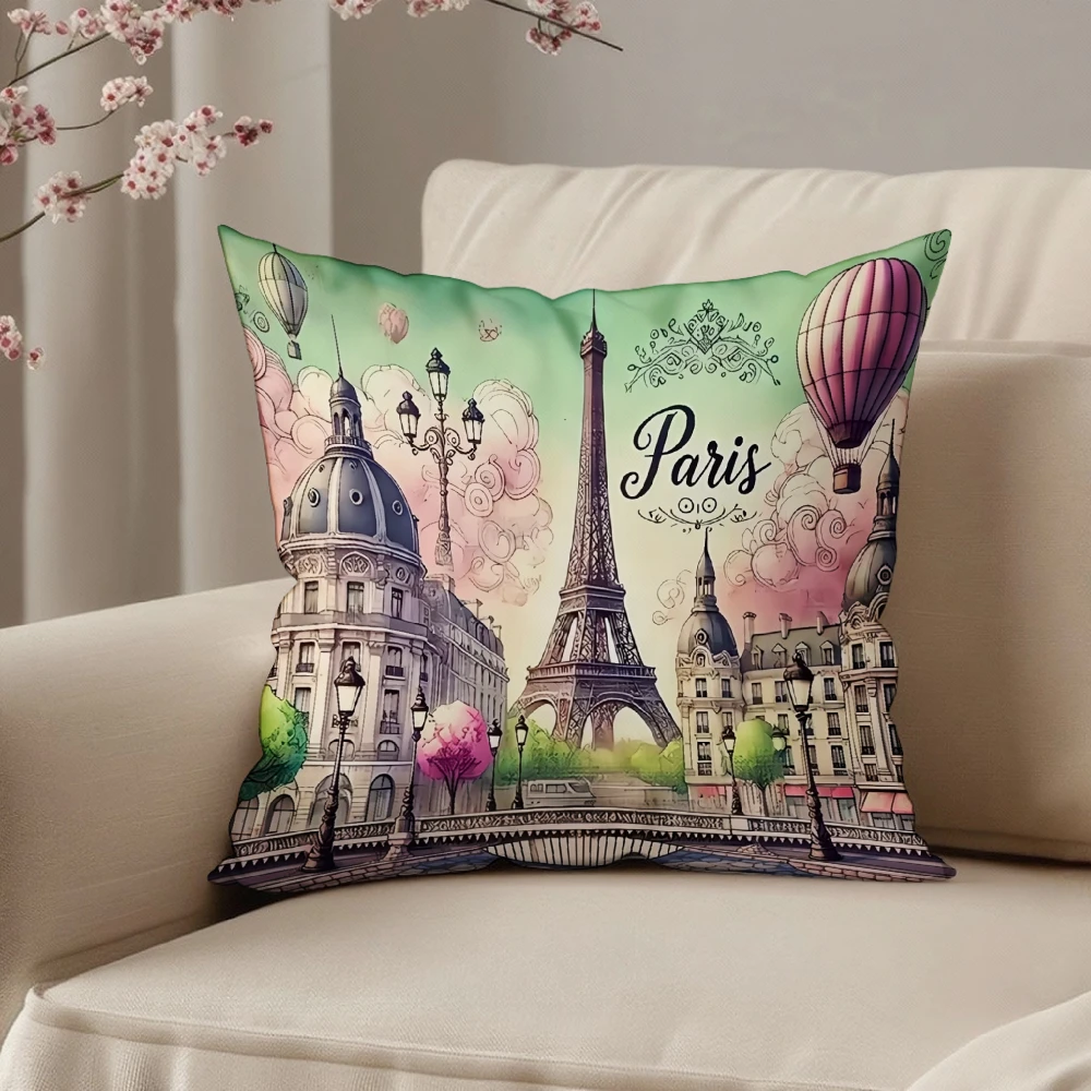 Square Throw Pillow Case Multicolor Paris Eiffel Tower Hot Air Balloon Vintage Cityscape Print Decorative Cushion Cover For Livi