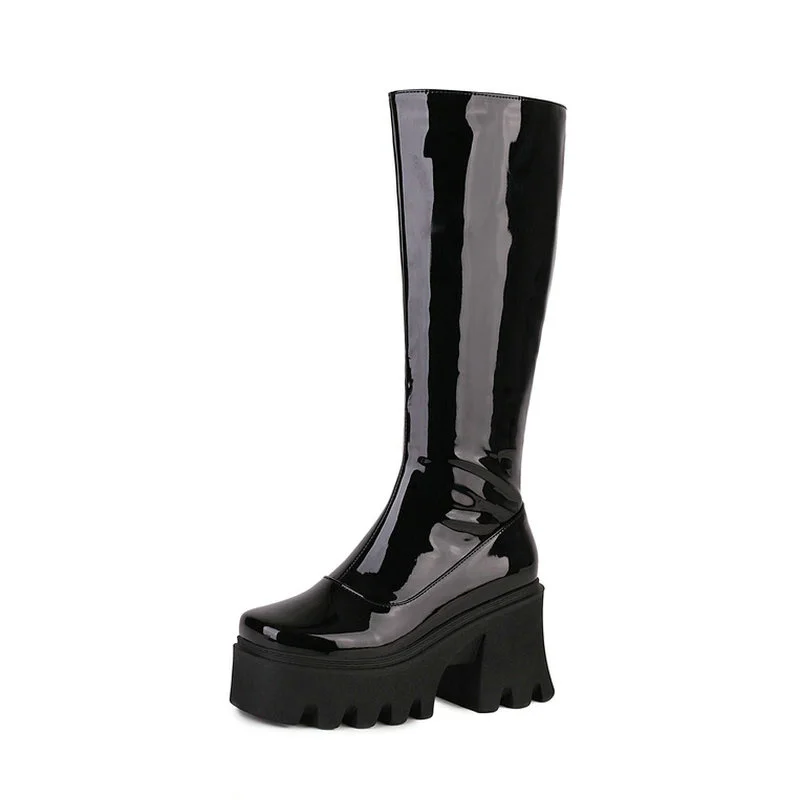 Black Red White Women Knee High Boots Platform Square High Heel Ladies Calf Boots Patent PU Leather Side Zipper Winter Boots