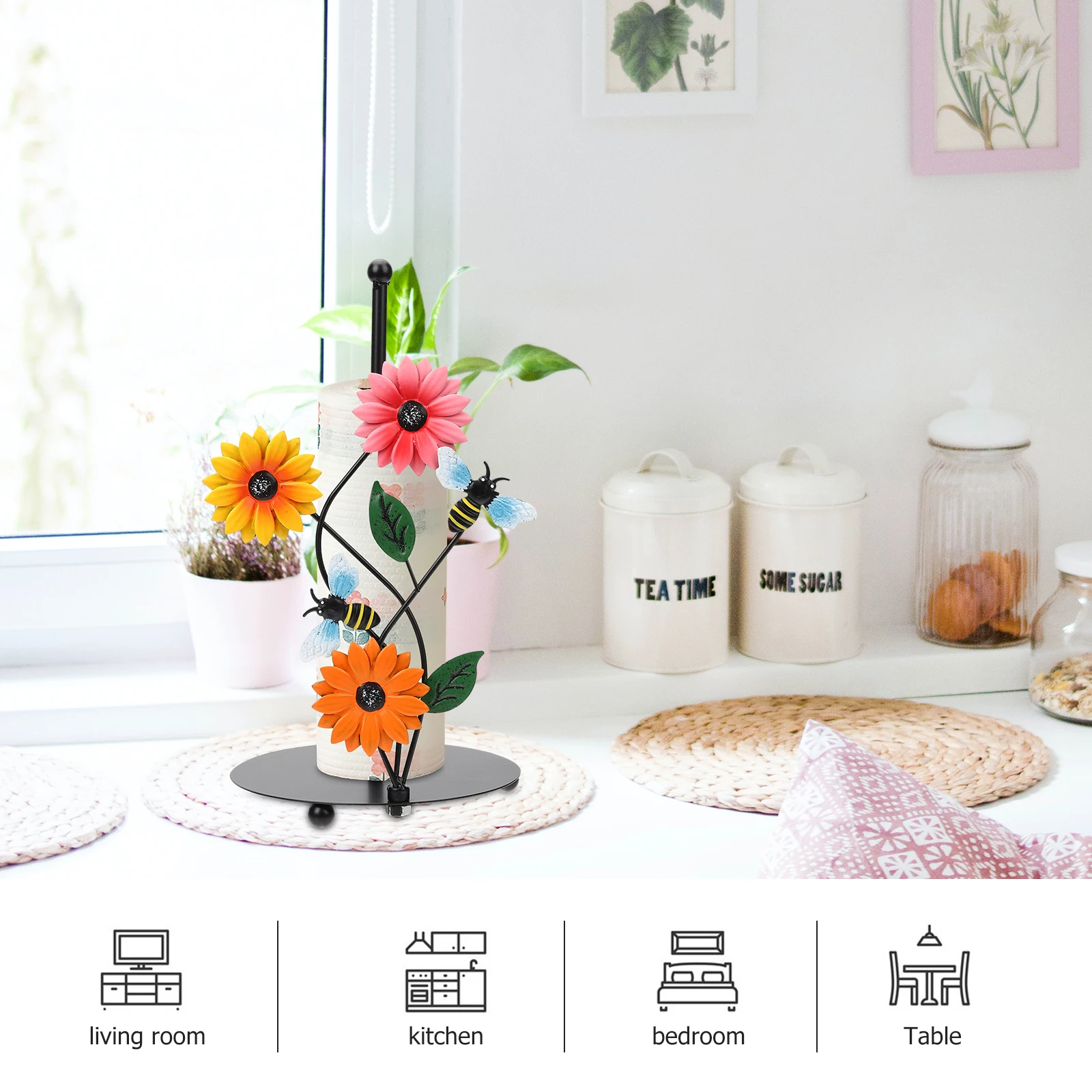 

Iron Paper Towel Holder Heavy Duty Standing Retro Kitchen Roll Stand Sunflower Design Strong Home Decor Accessories