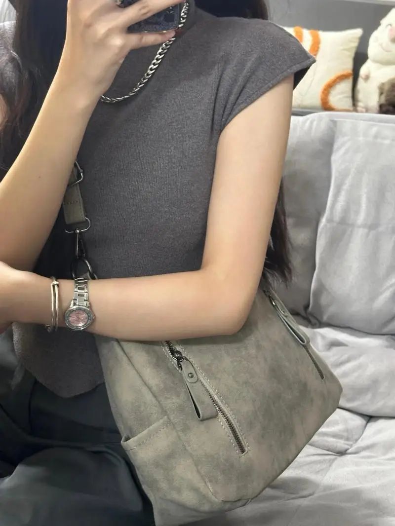 JIAERDI Vintage Grey Casual Crossbody Bags Women Retro Zipper Chic Y2k Grunge Handbag Female Large Capacity Tote Messenger Bag