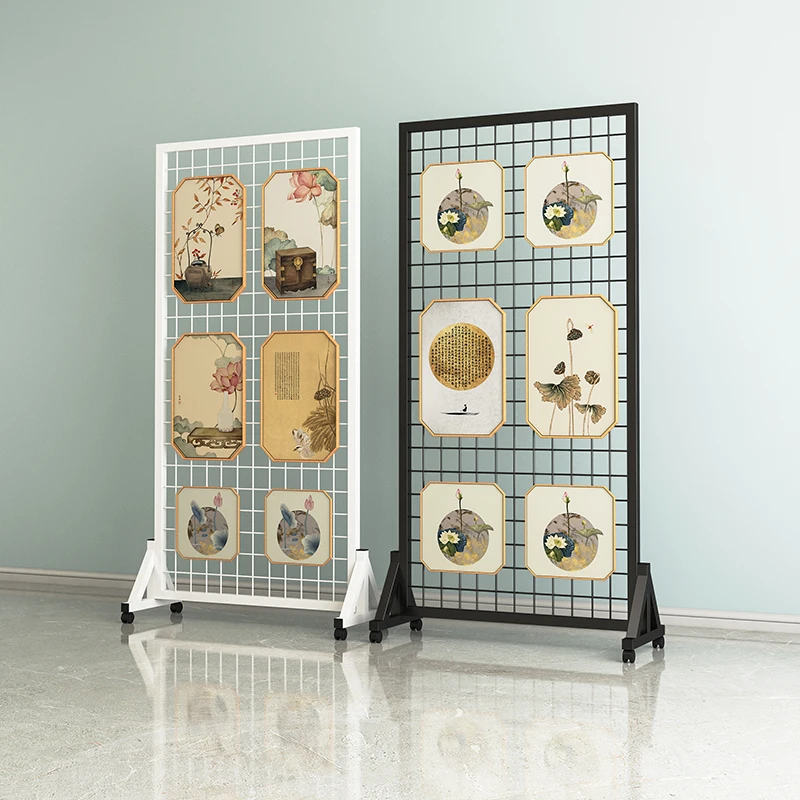 

Grid display stand Floor-to-ceiling mobile shelf Barbed wire school painting and calligraphy exhibition Works jewelry