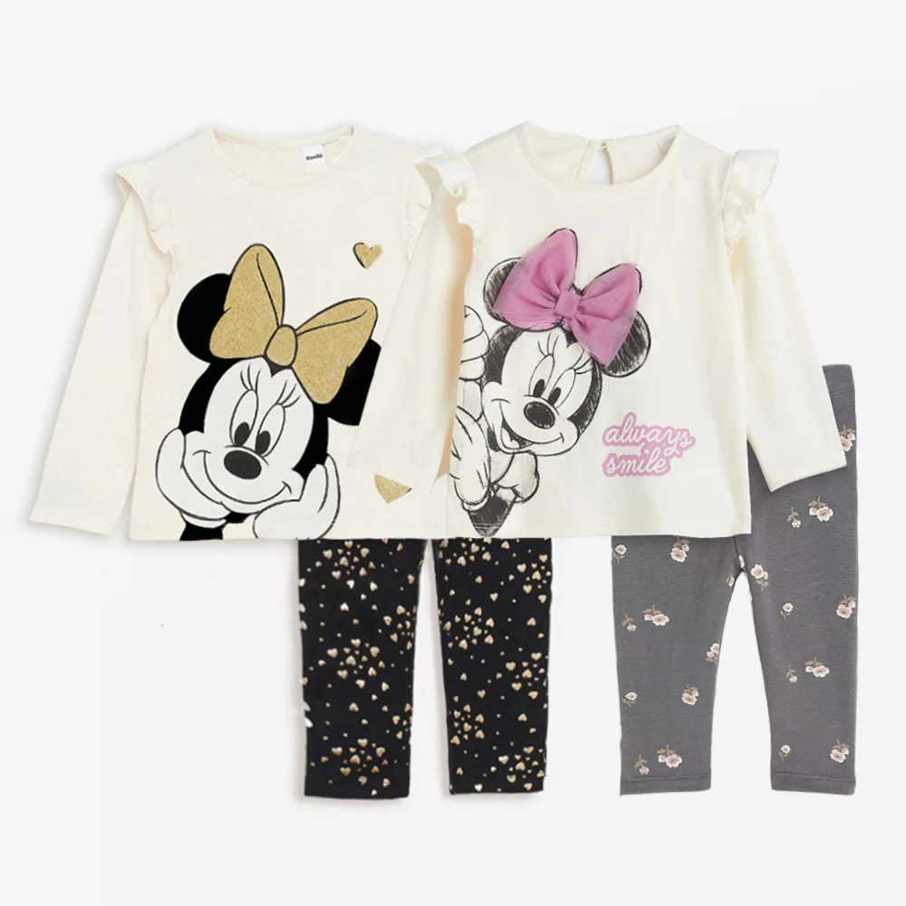 Disney Minnie Printed Baby Sets Spring Cotton Long Sleeve Top +Leggings 2Pcs Autumn Toddler Girl Clothing