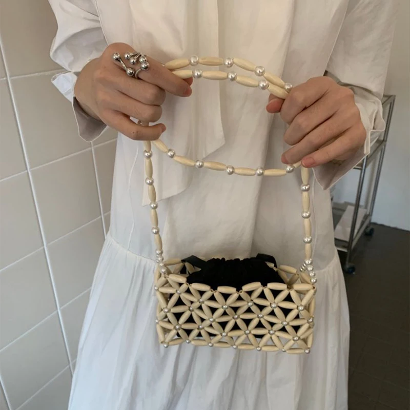 حقيبة منسوجة مطرزة بالخرز من الخشب الطبيعي مصنوعة يدويًا، حقيبة كتف نسائية بوهو، محفظة عصرية بلون الحلوى مع محفظة مطرزة بجيب داخلي