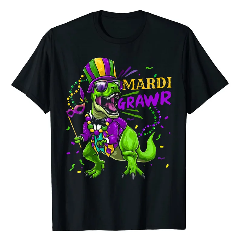 Mardi Gras Dabbing T Rex Dinosaur Mardi Grawr Bead Costume T-Shirt Funny Sarcastic Pun Dancing Dab Illustration Family Clothes