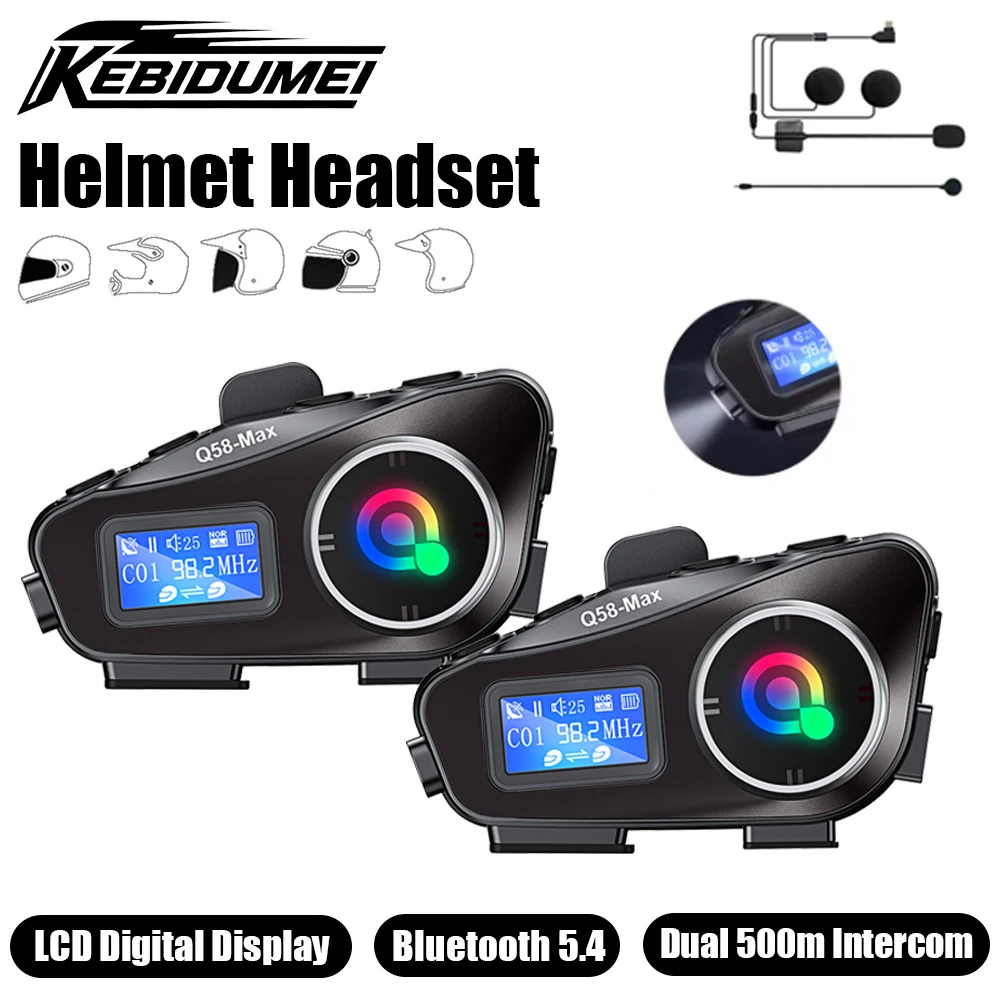 

KEBIDUMEI Q58-Max Motorcycle Intercom Helmet Headset Bluetooth5.3 Headphone LCD Display Interphone Moto Accessories Music Player