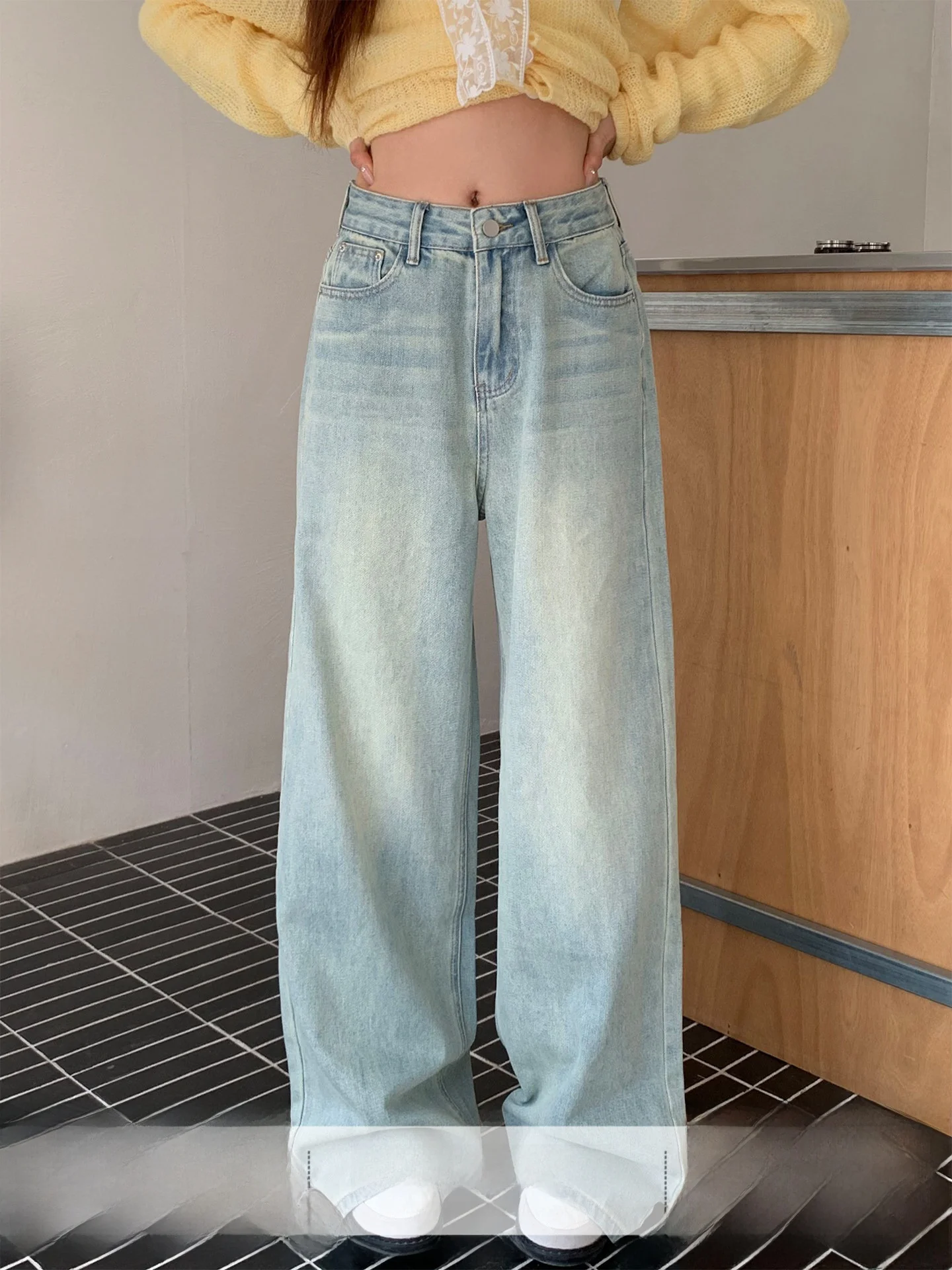 

Американские винтажные джинсы прямого кроя с широкими штанинами, зимние брюки для женщин, однотонные, повседневные, на каждый день