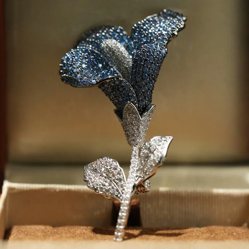 Copper zircon plant flower morning glory brooch, high-end full diamond morning glory brooch accessories