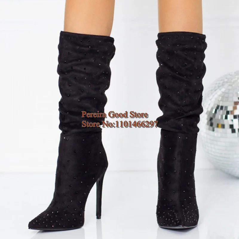 Modern Crystal Embellished Mid Calf Boots Green Black Suede Stretch Fabric Slip On Rhinestone Thin Heel Fashion Runway Shoes