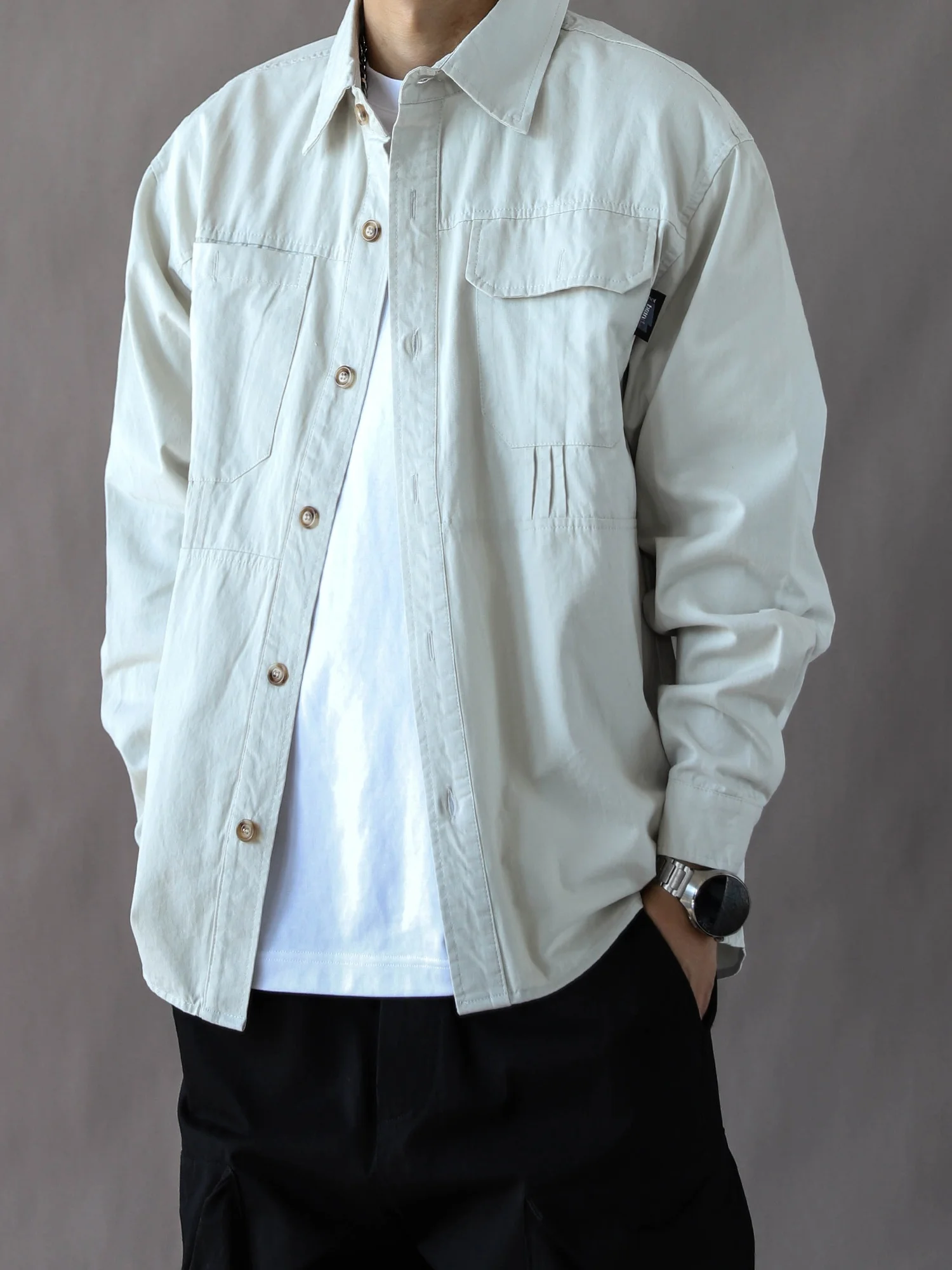 

Retro American Workwear Shirt Men's Loose Casual Long Sleeve Spring Autumn Beige Cotton Classic Style Button up Casual Shirt