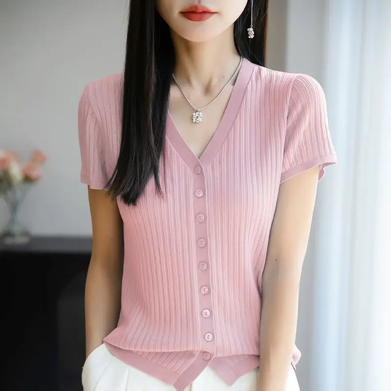 

Mulberry Silk Ten-silk Cardigan V-neck Short-sleeved Sweater New Solid Color Loose Top
